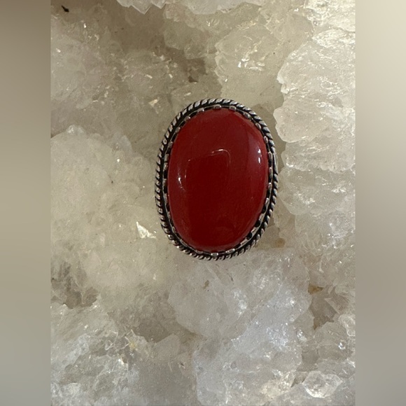 Bright Red Coral Oval Ring in Simple Silver Plated Setting.  Size 6.25 - 6.5 - Picture 1 of 6